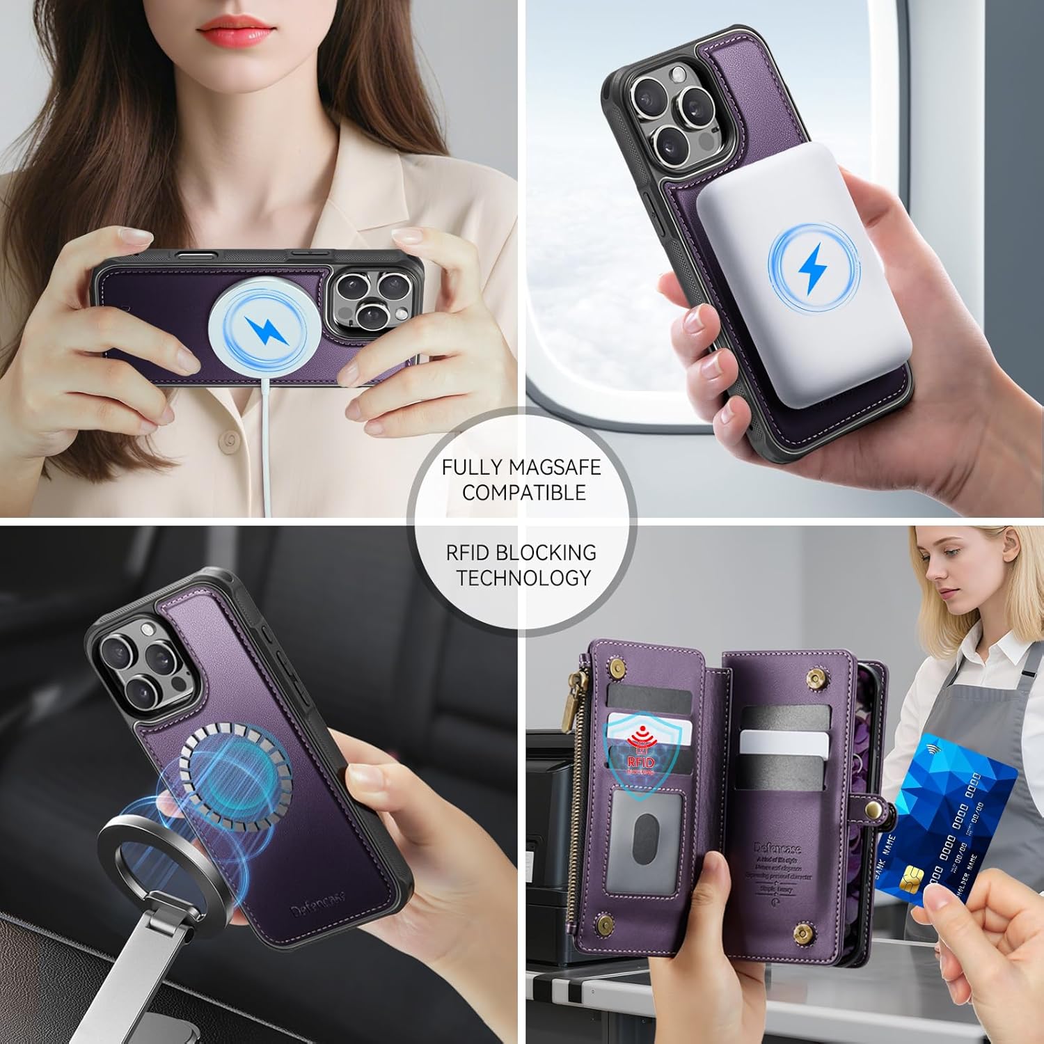 Defencase for iPhone 16 Pro Max Magnetic Wallet Case Compatible with Magsafe with RFID Blocking Zipper Strap Card Holder for Women Men PU Leather Detachable Case for iPhone 16 Pro Max (6.9"), Purple