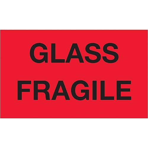 Tape Logic Aviditi Tape Logic - Adhesivo adhesivo de advertencia rojo fluorescente "Glass Fragile" de 3 x 5 pulgadas, para envío, manipulación,