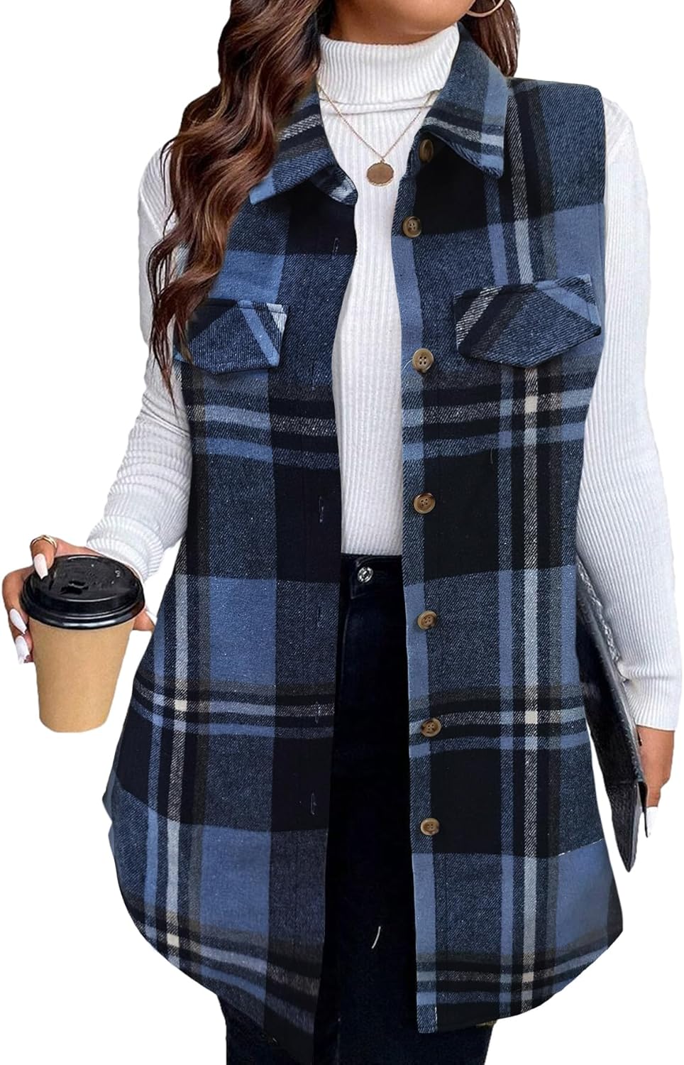 Mina Self 2025 Women's Fall Flannel Plaid Vest Tops - Sleeveless Long Single Breasted Casual Fashion Jackets With Pockets