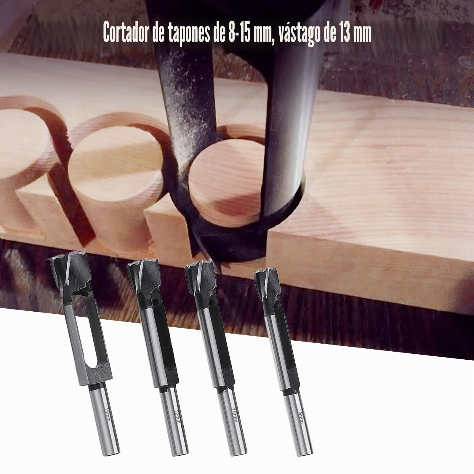 Juego de 4 brocas de espiga profunda para trabajos de carpintería, 8 mm/10 mm/12 mm/15 mm, diámetro cortador de agujeros para madera, cajas de brocas (8 mm/10 mm/12 mm/15 mm)