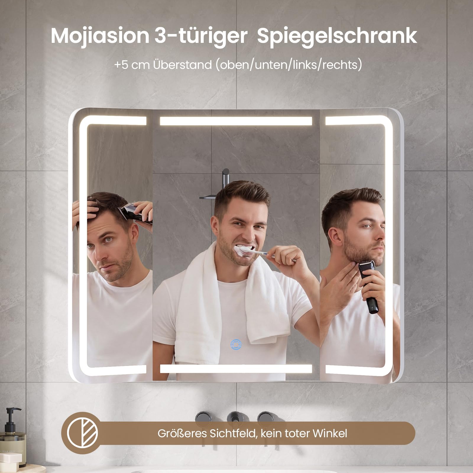 3-türiger Spiegelschrank Bad mit 360° Rundumsicht – 80 cm breit, +5 cm Überstand, LED Touch-Sensor, 3 Lichtfarben, dimmbar & integrierte Ladestation (2 USB + 2 Steckdosen)