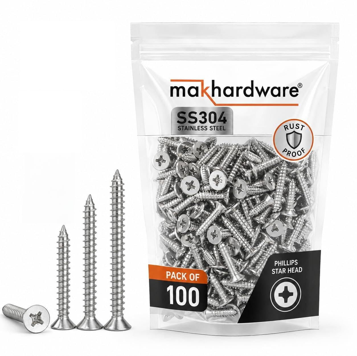 Mak Hardware® Stainless Steel 304 Phillips Star Head Screws – Anti-Rust, Durable Screws for Wood, Plywood, Drywall & Wall Fixing – Pack of 100 (60mm)