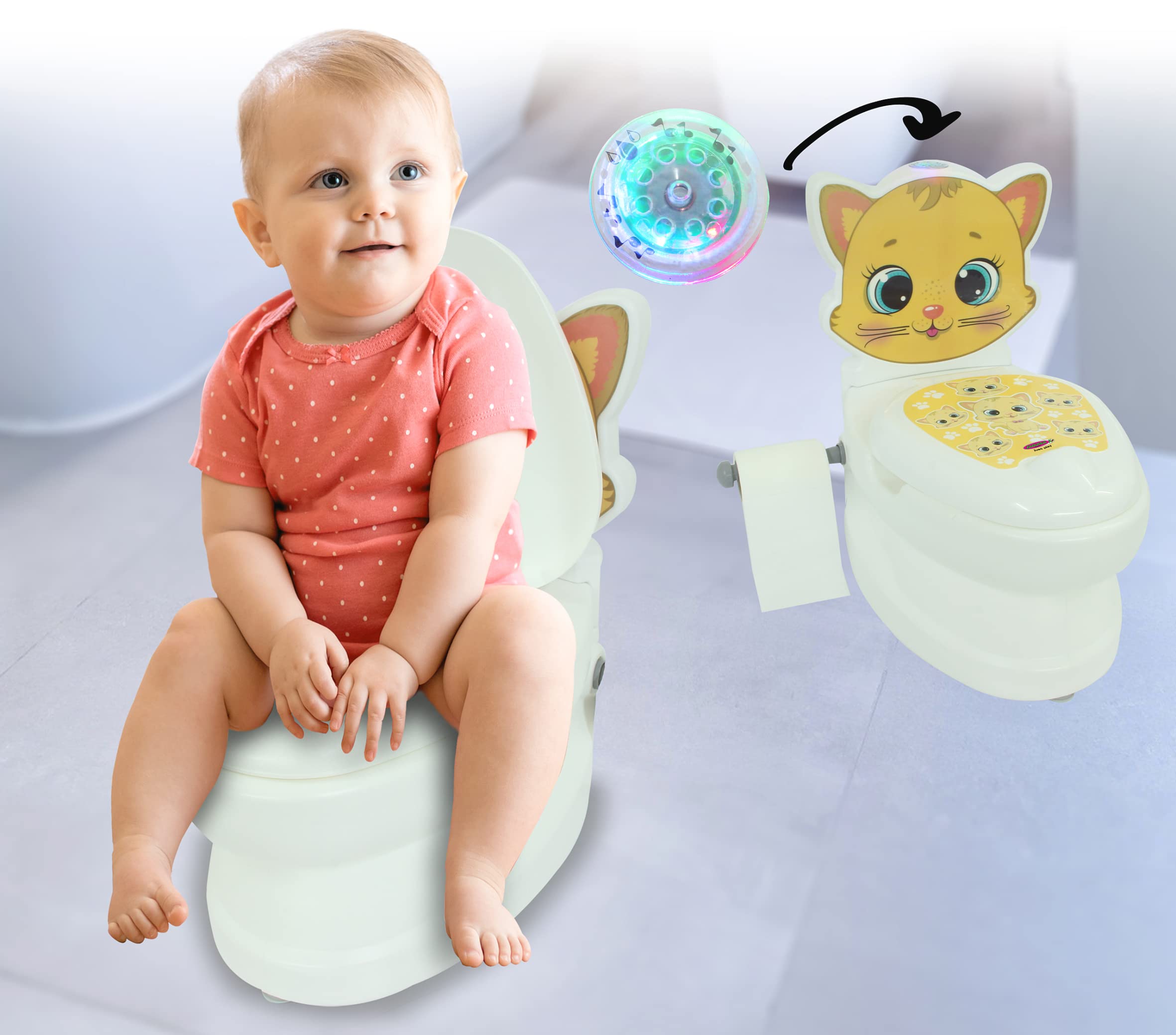La mia piccola toilette gatto con suono e porta carta igienica – facile da pulire, bottoni a ventosa per una buona tenuta, supporto per carta igienica, schienale rimovibile, luce a LED