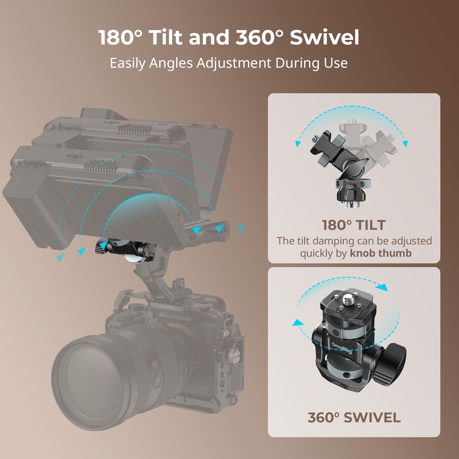 SMALLRIG Supporto regolabile per monitor ARRI, girevole a 360° e inclinabile a 180°, vite di posizionamento da 3/8"-16" per ARRI, vite di posizionamento da 1/4", riprese orizzontali e verticali - 6314