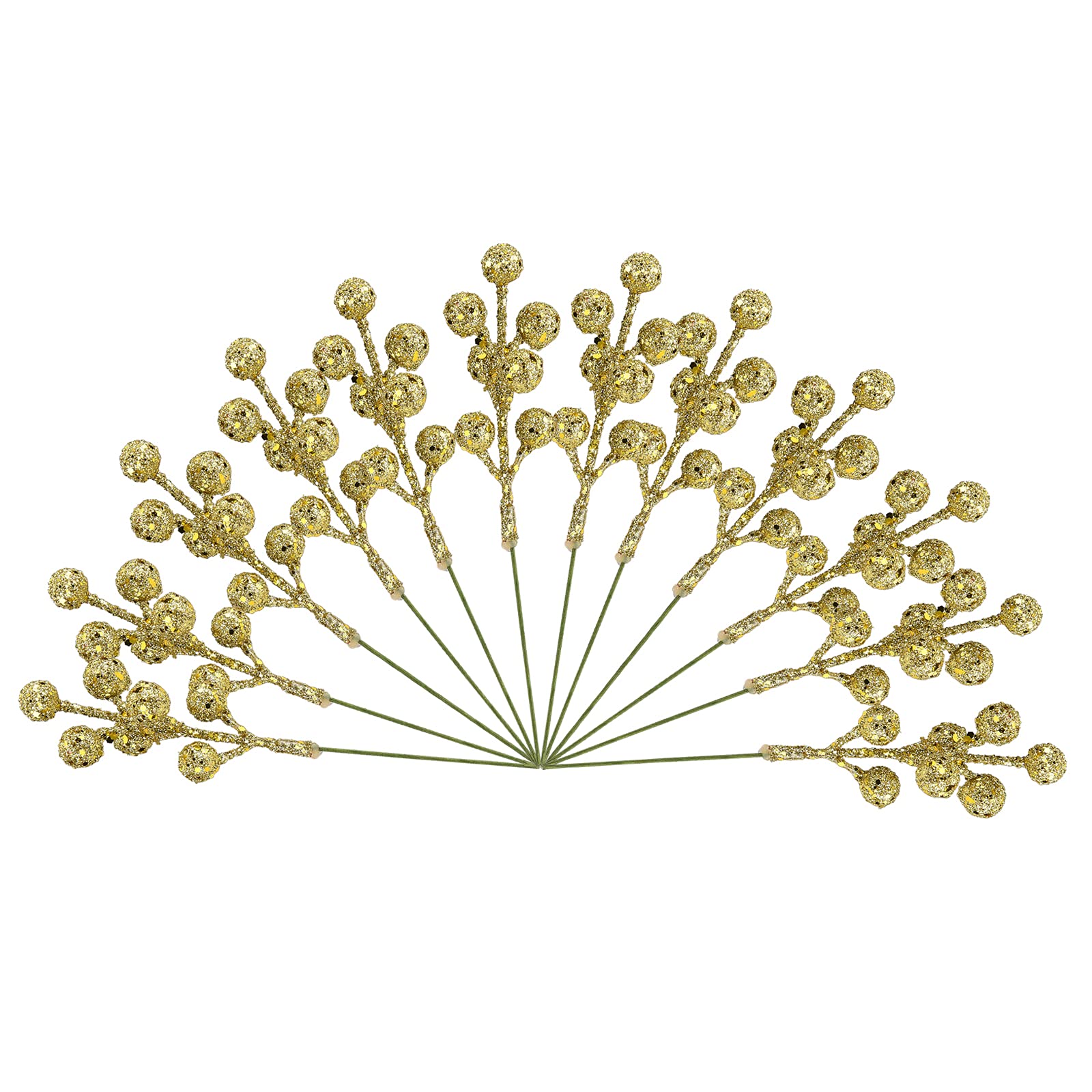 KHBNHJ Christmas Glitter Berries Stems 12Pcs Artificial Gold Berry Picks for Christmas Tree Ornaments Decorations DIY Xmas Wreath Crafts Wedding Holiday Home Decor, (6.7in, Golden)