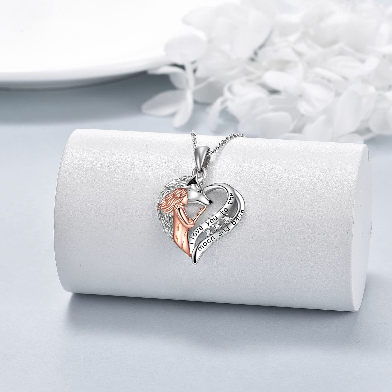YAFEINI Lobo Joyería Regalos Plata Esterlina Amor Corazón Lobo Niña Colgante Collar te Amo a la Luna y Espalda Collar Joyería para Mujer Adolescente Novia