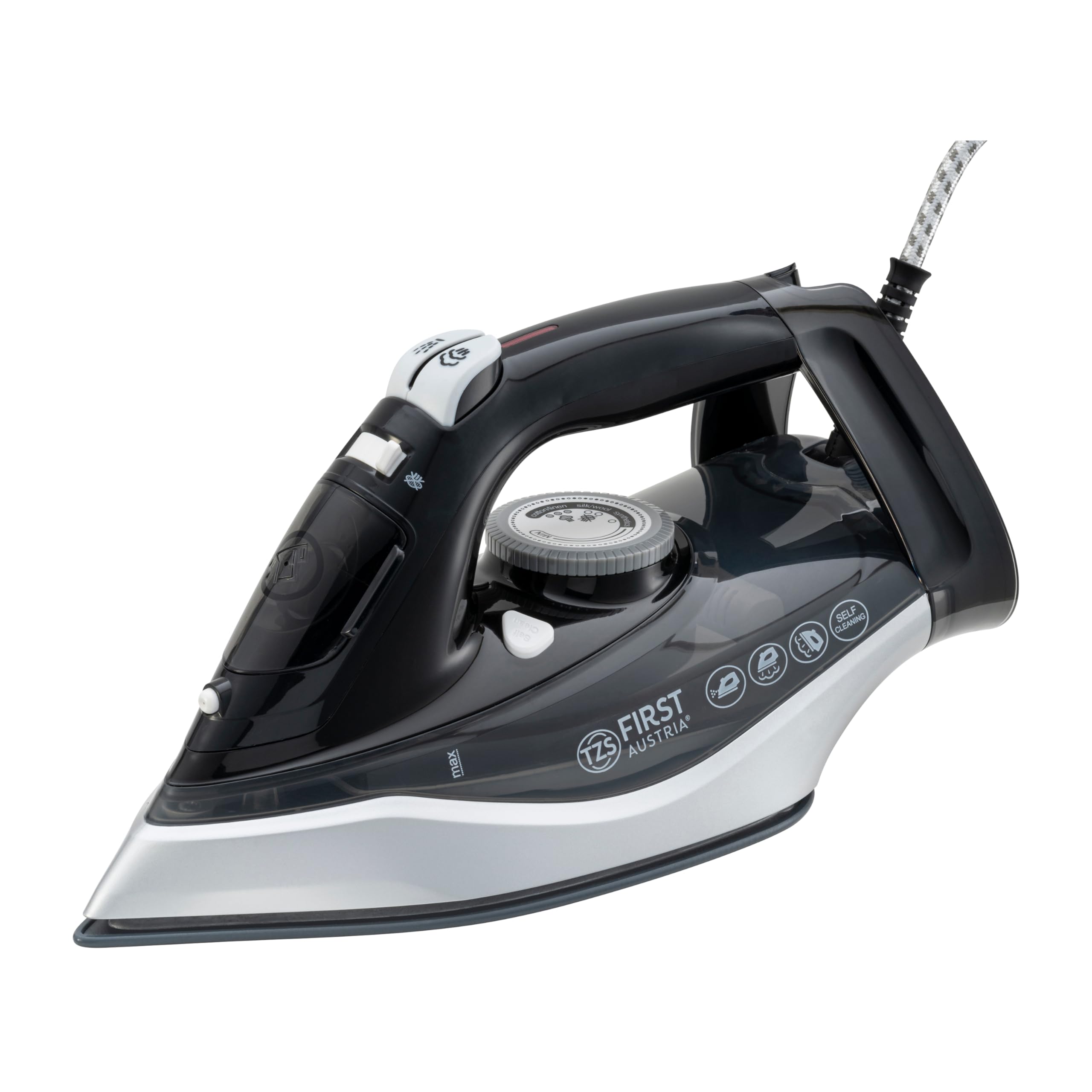 TZS First Austria - Plancha de Vapor 2720W - 300ml - 32 Salidas de Vapor - 30g/min Vapor & Golpe de Vapor 1g - Suela Cerámica - Antical, Vapor Vertical & Autolimpieza - Negro