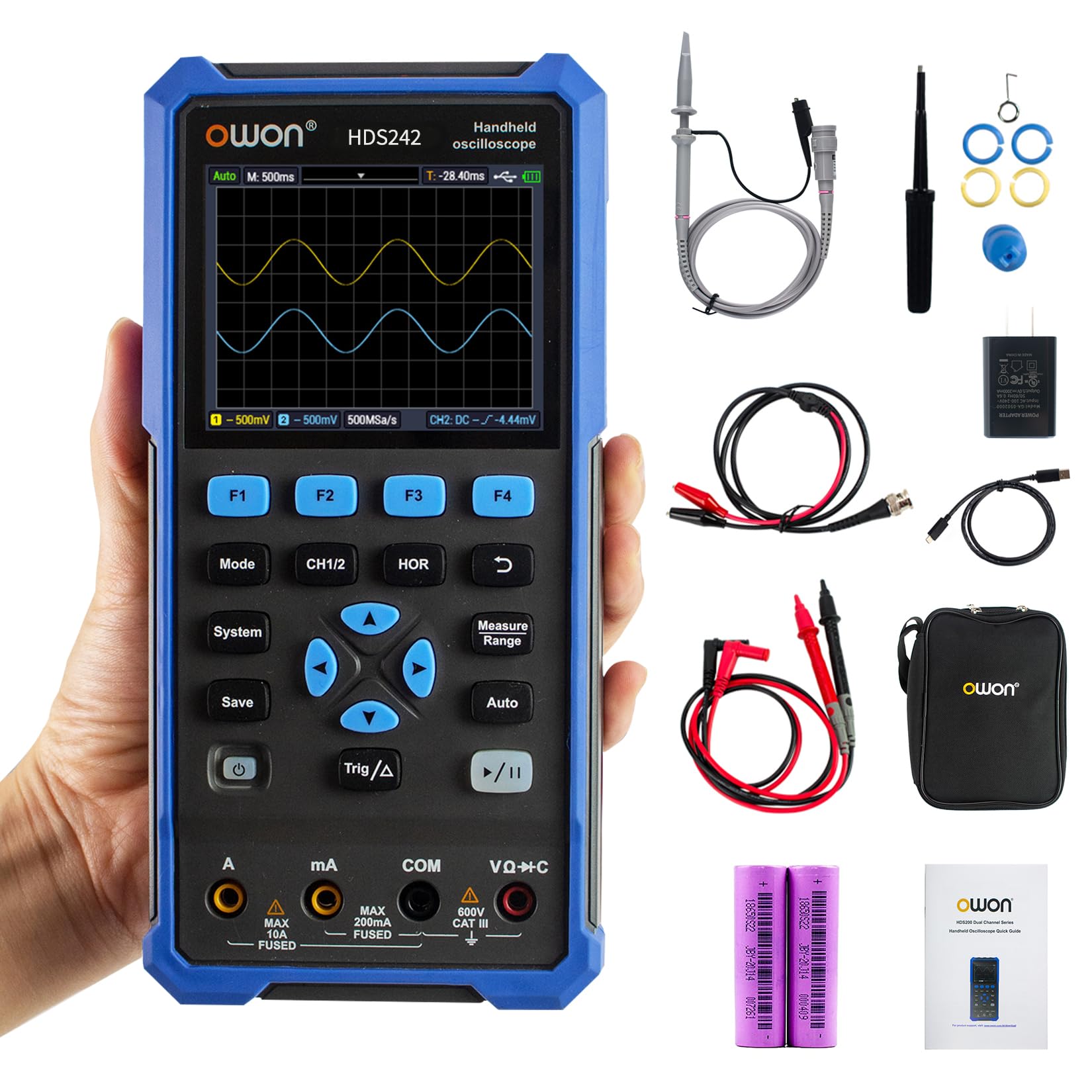 OWONHDS242 Handheld Oscilloscope, 40MHz Bandwidth 2 in 1 Digital Multimeter Oscilloscope, 20000 Counts with 2 Channel USB Type C and 3.5 Inch LCD Display (oscilloscope+multimeter)