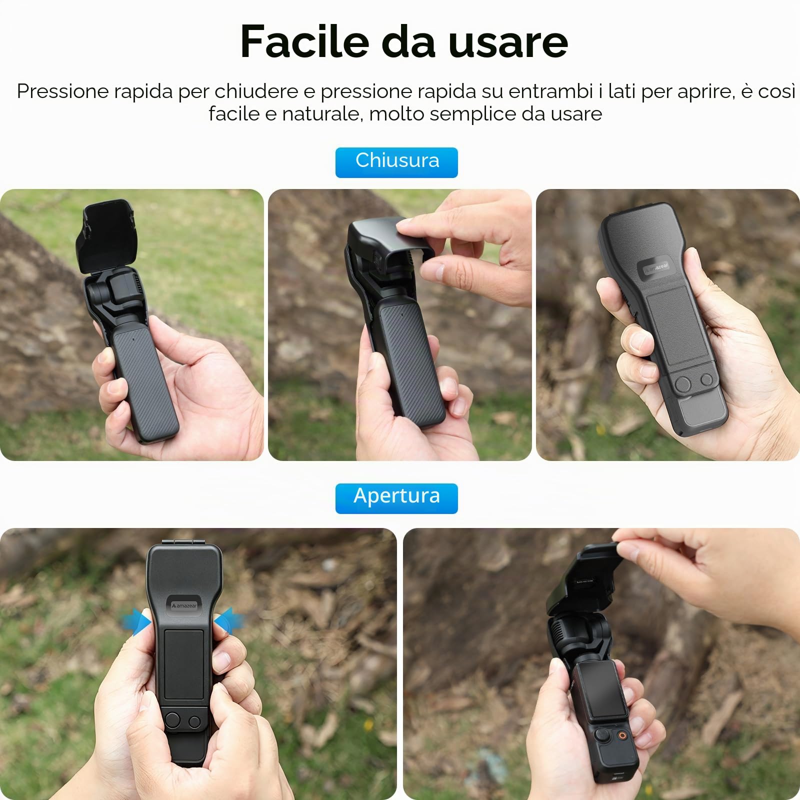 AMAZEAR Custodia protettiva per DJI Osmo Pocket 4/3 accessori, copriobiettivo per fotocamera DJI Pocket3/4, custodia rigida con rivestimento morbido, design compatto, apertura e chiusura rapida, nero