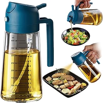 16oz/470ml Glass Olive Oil Sprayer for Cooking - 2 in 1 Olive Oil Dispenser for Kitchen Gadgets, Air Fryer, Salad, and BBQ - Navy