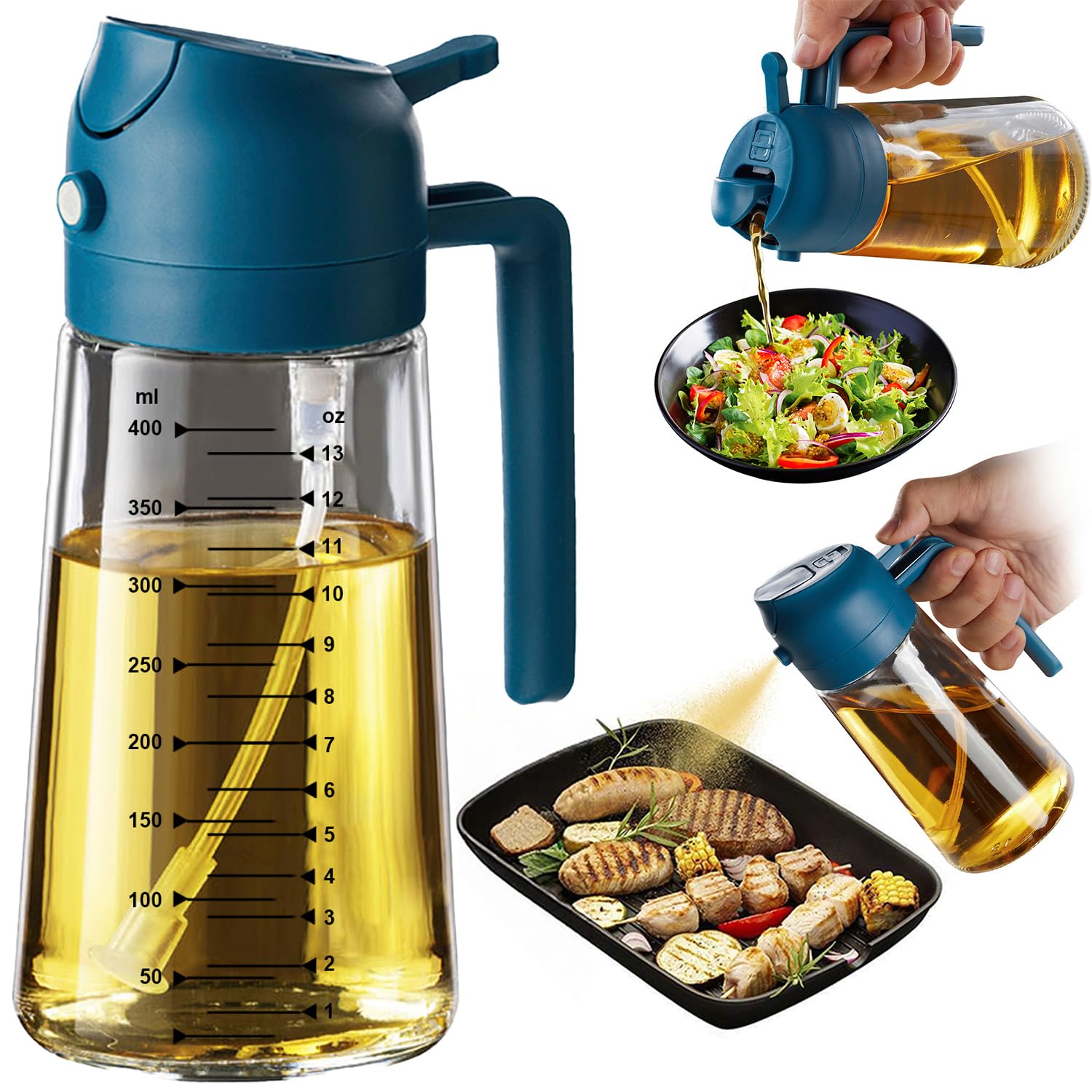 TrendPlain 16oz/470ml Glass Olive Oil Sprayer for Cooking - 2 in 1 Olive Oil Dispenser for Kitchen Gadgets, Air Fryer, Salad, and BBQ - Navy