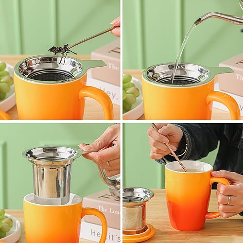 Miniatura 7 de Henten Home Taza de té de cerámica con infusor de hojas sueltas, cuchara y tapa, 15 onzas, taza infusor de té grande para té, café, leche,