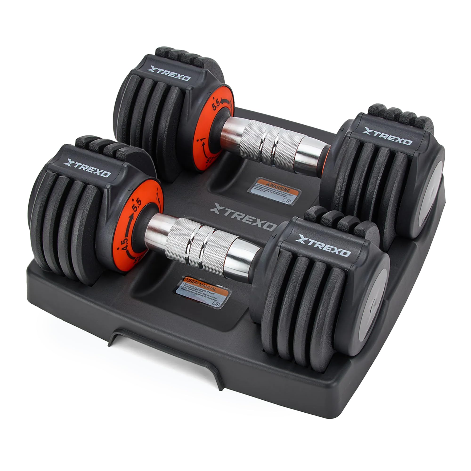 TREXO Juego de mancuernas ajustables, 2 x 5,75 kg, de acero con mango antideslizante, ideal para el entrenamiento de fuerza en casa y en el gimnasio, mancuernas cortas con base estable