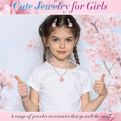 Miniatura 6 de Juego de joyas de flores para niñas  Juego de 5 piezas de joyería de juguete de simulación con collar de cuentas, anillo de pulsera y pinzas para el