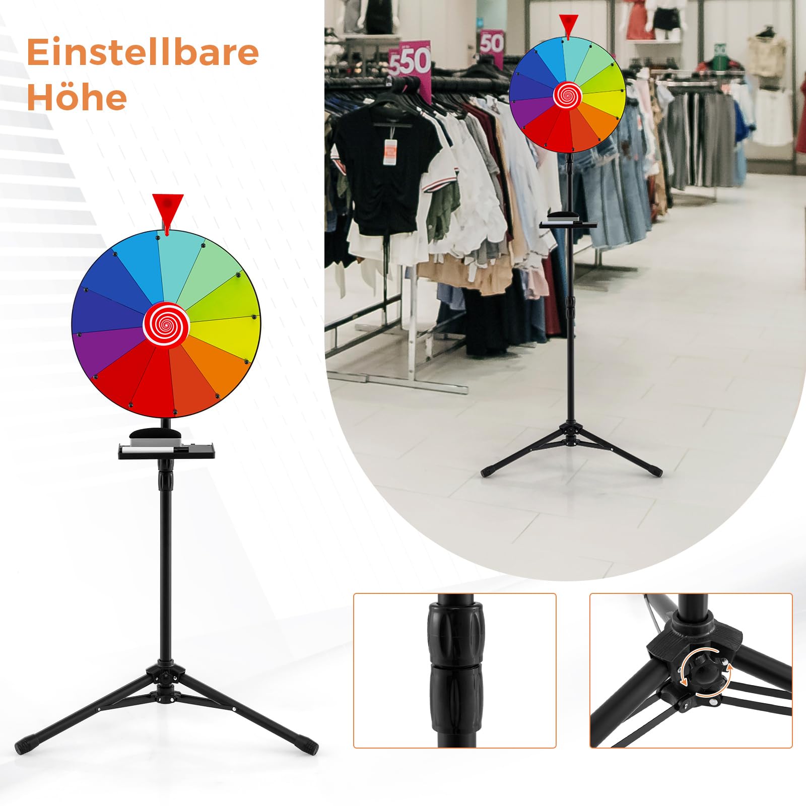 GOPLUS 40 cm Glücksrad, höhenverstellbarer Glücksrad-Dreher mit Falt-Stativ, Trockenlöschmarker & Radiergummi, farbiges Rouletterad mit 12 Schlitzen für Karneval, Messe & Partyspiele