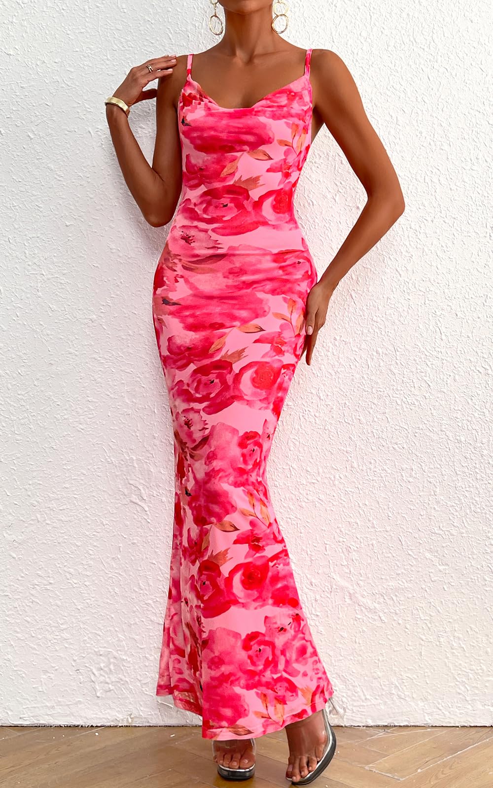 Condition photo showing New/Like New for prettygarden women's 2024 summer floral spaghetti strap maxi dress stretch sexy bodycon dress backless slip long dresses