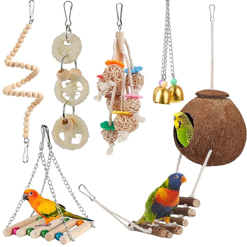 Balanço para Aves com Esconderijo de Coco, Escada e Brinquedos para Roer lovyoCoCo