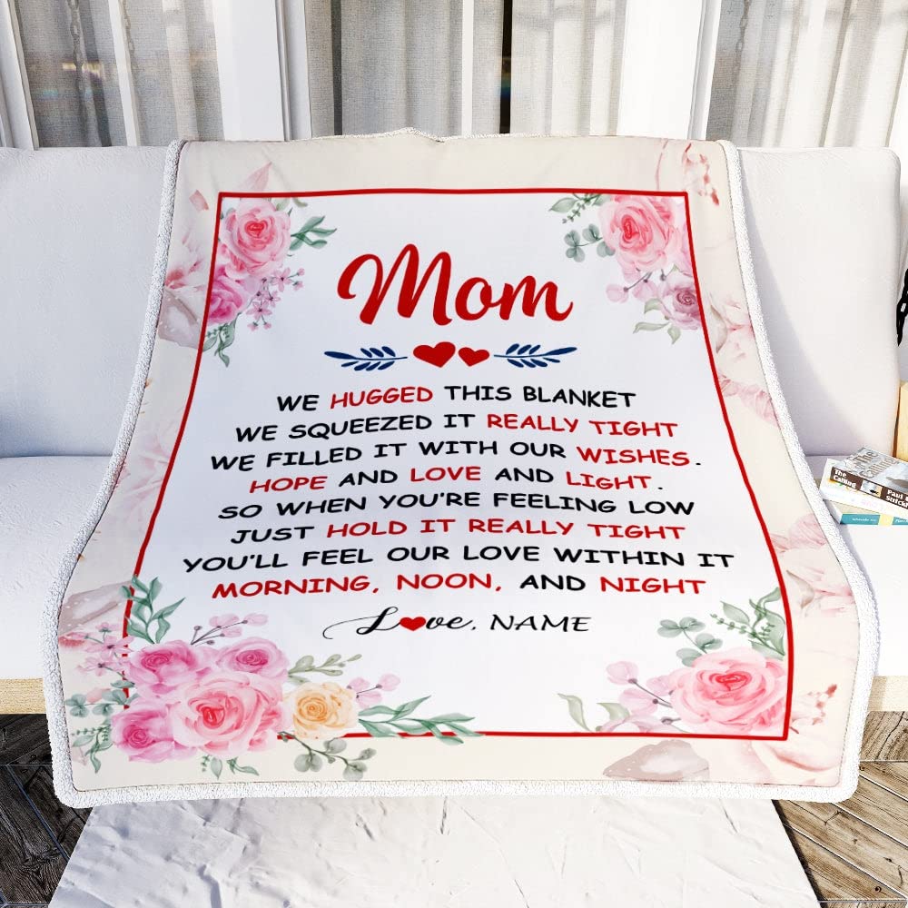 TeesNow Personalized Mom Blanket from Daughter Son We Hugged This Blanket Floral Mom Birthday Mothers Day Christmas Customized Fleece Throw Blanket (50 x 60 in Youth Size)