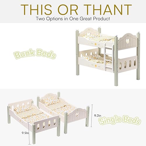 Miniatura 9 de ROBOTIME Litera de muñeca de 18 pulgadas, cama de muñeca de madera, cuna para muñecas de 18 pulgadas, juguete con ropa de cama, se adapta a muñecas