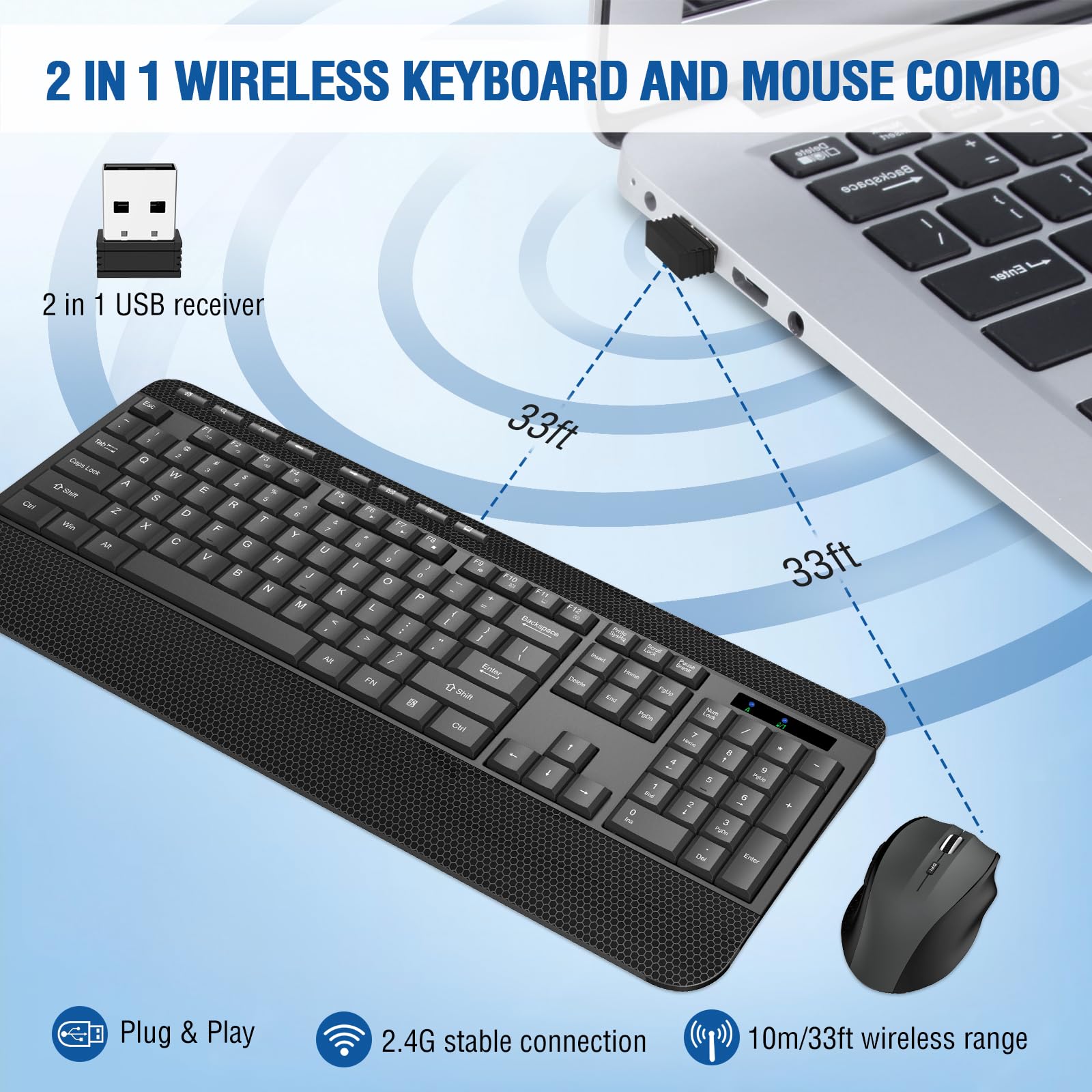 Wireless Keyboard and Mouse Combo, EDJO 2.4G Full-Sized Ergonomic Keyboard with Palm Rest and 5 DPI Adjustable Mouse, Silent Lag-Free Keyboard Mouse Set for Windows/Mac/Computer/Laptop/Desktop (Black)