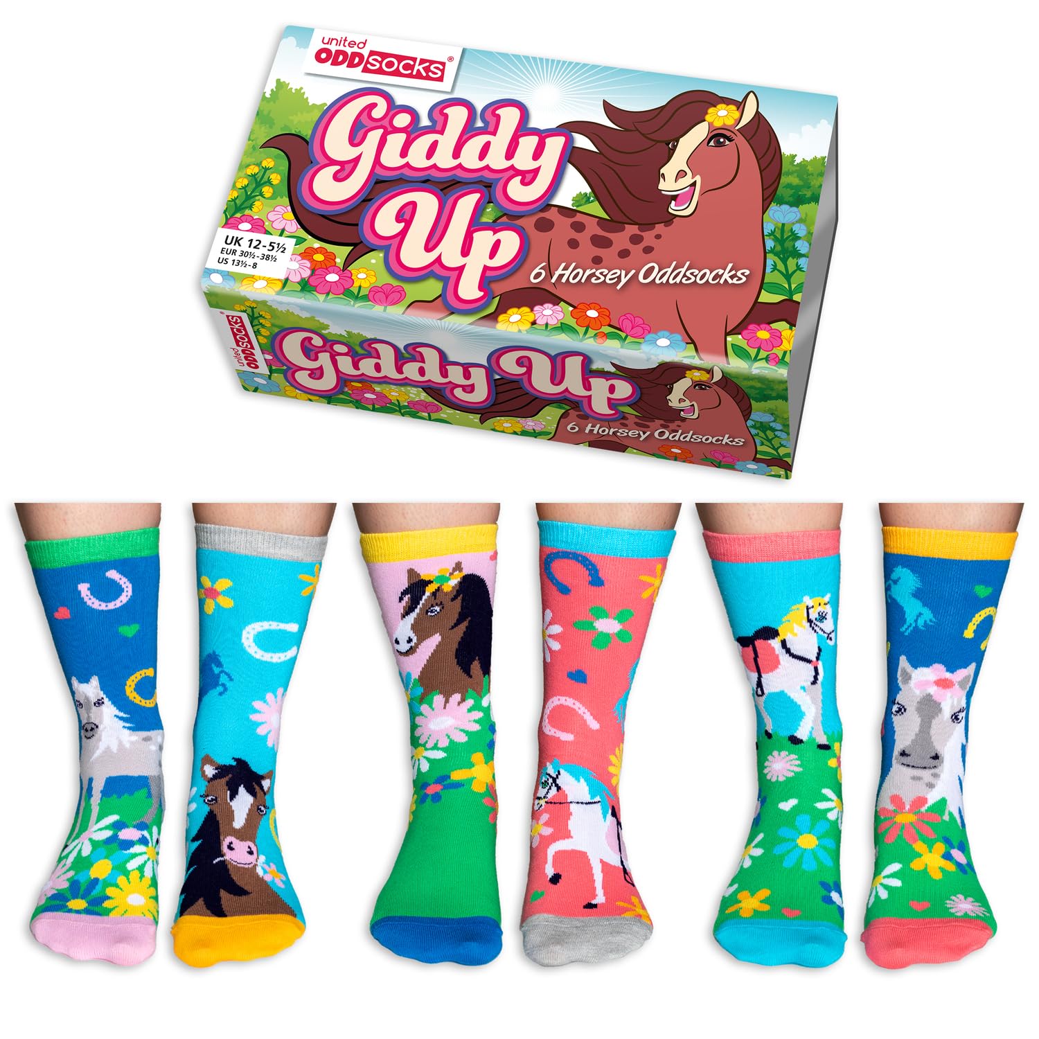 Giddy Up Gift Box – 6 Horsey Calf-Length Odd Socks for Girls, UK 12–5.5, EUR 30.5–38.5, US 13.5–8 – Mix & Match Fashion Socks with Playful Horses – Fun Horse Lover Gift