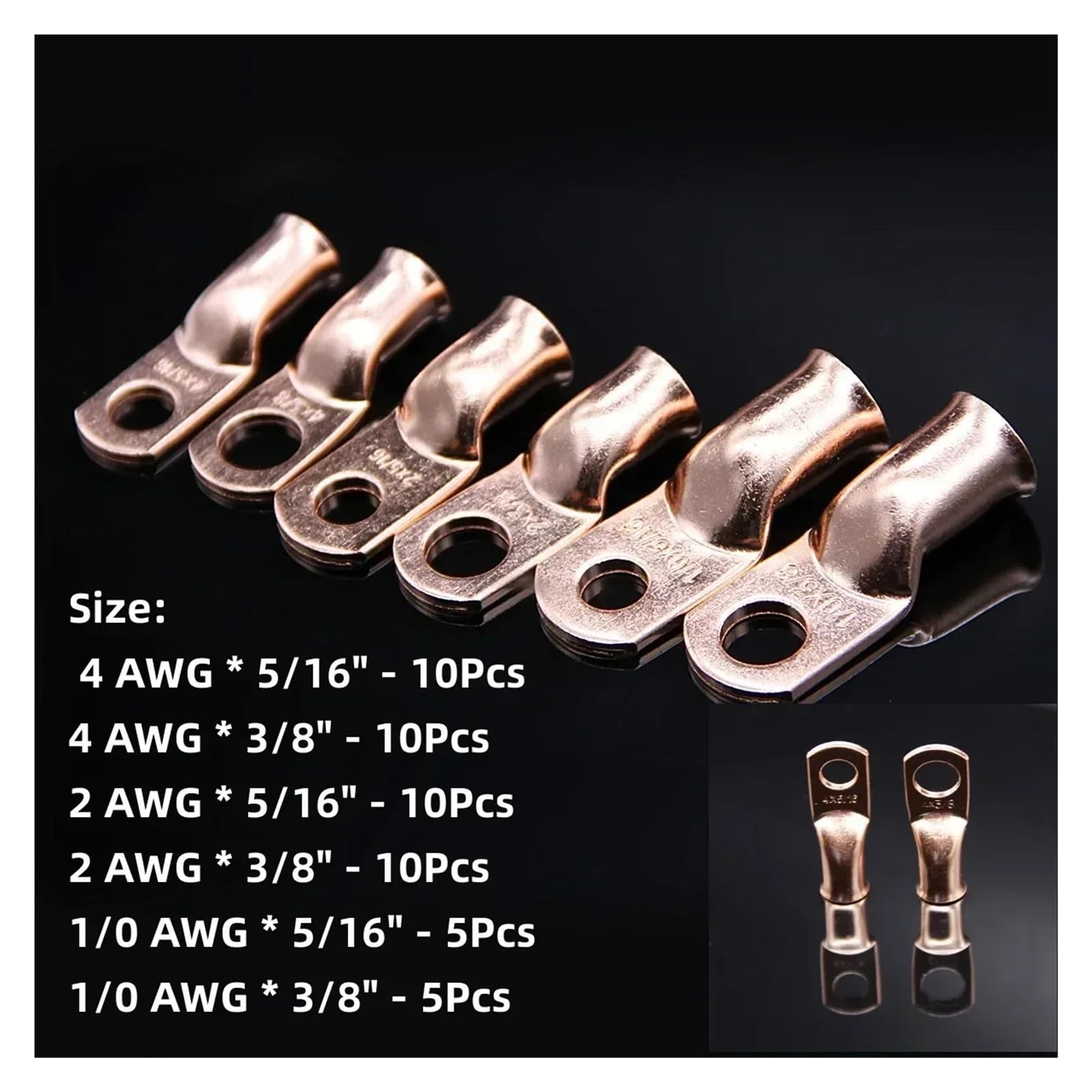 Kit surtido de 50 terminales de anillo for cables de cobre de 1/0 AWG, 2 AWG y 4 AWG, conectores de cable eléctrico de 3/8" y 5/16".