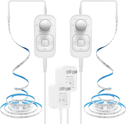 Luces con sensor de movimiento para debajo del gabinete tira de luces LED enchufables para interiores con adaptador aprobado por UL FCC, atenuador y