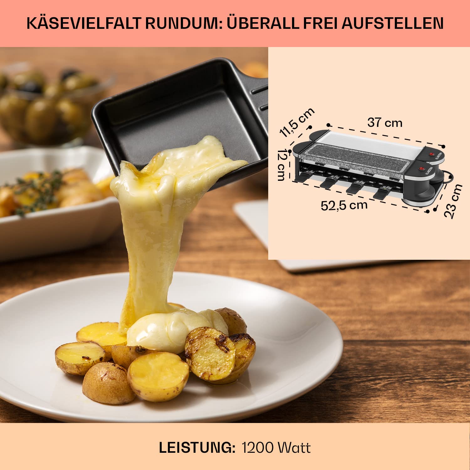 Verwöhne Dich mit Zartschmelzendem, Köstlichem Käse, Klarstein Raclette-Tischgrill mit 2 Grillflächen, 8 Pfännchen und Schaber, 1200 W Raclette-Grill