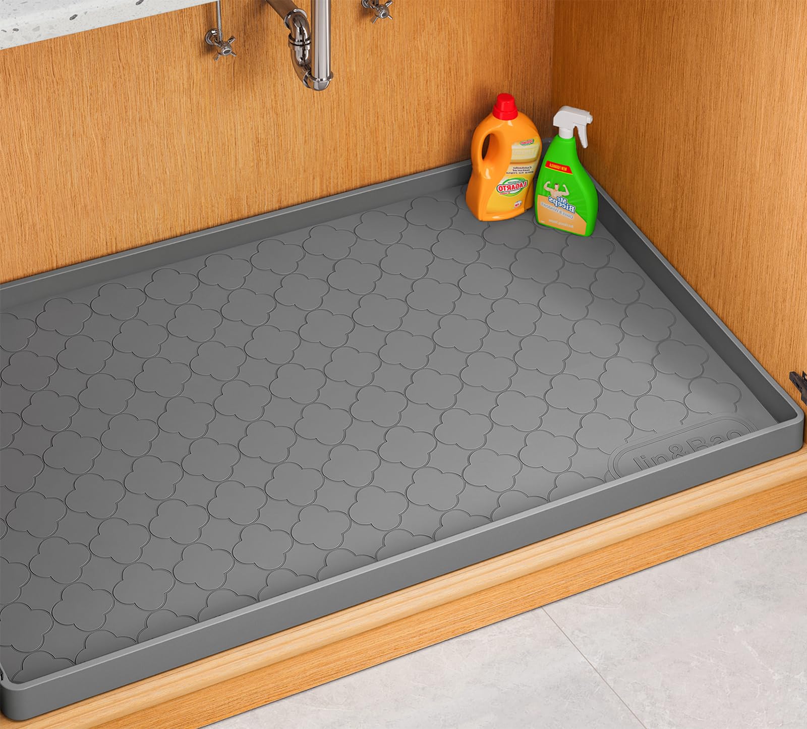Jin&Bao Under Sink Mat 34" x 22" Waterproof Silicone Cabinet Kitchen Liner | Silicone kitchen cabinet protector, bathroom shelf liner, raised edge traps leaks, anti-slip, easy to clean & dishwasher safe