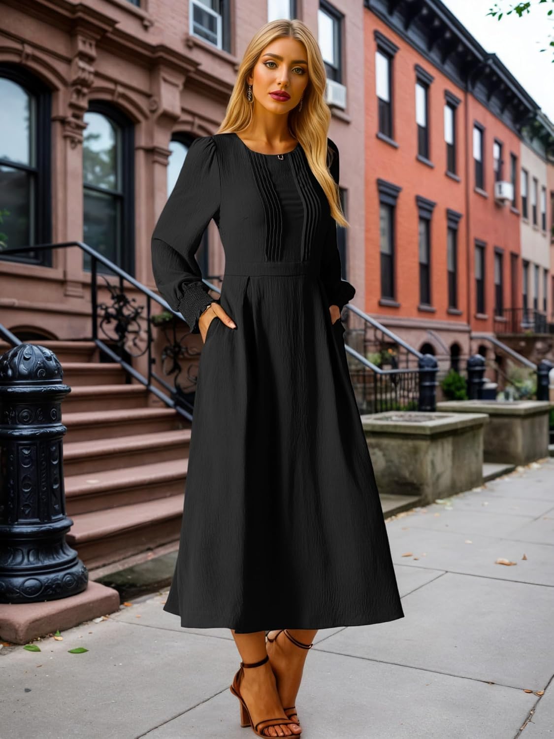 Seta T Women's Elegant Frilled Crewneck Midi Dress Long Sleeve Pleated A-Line Flowy Casual Dresses with Pockets, Medium - Image 2