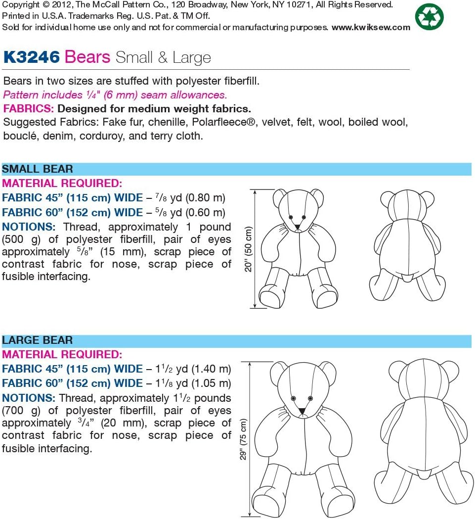 KWIK-SEW PATTERNS K3246OSZ Teddy Bears Sewing Pattern, Size Large and Small