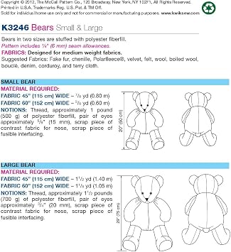 KWIK-SEW PATTERNS K3246OSZ Teddy Bears Sewing Pattern, Size Large and Small