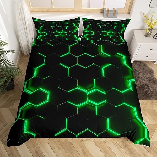Miniatura 3 de Funda de edredón de panal tamaño individual, diseño geométrico hexagonal con luces de neón verdes, para niños, adolescentes y hombres, funda de