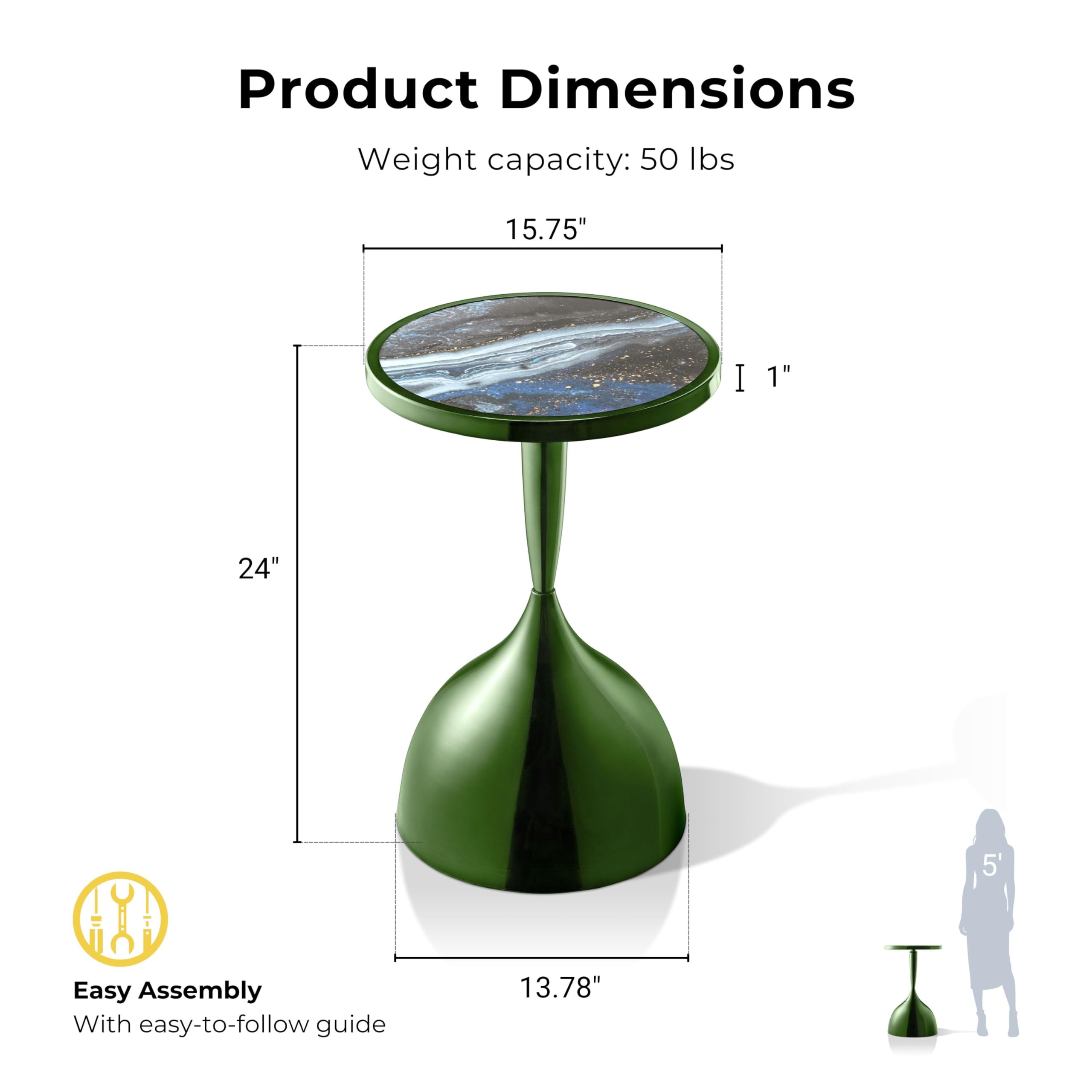 Homes: Inside + Out Halric Modern 24" Tall Round End Table with Decorated Tabletop and Iron Metal Base, Accent Furniture, Elegant Pedestal Stand for Living Room, Home Office, Chrome Green