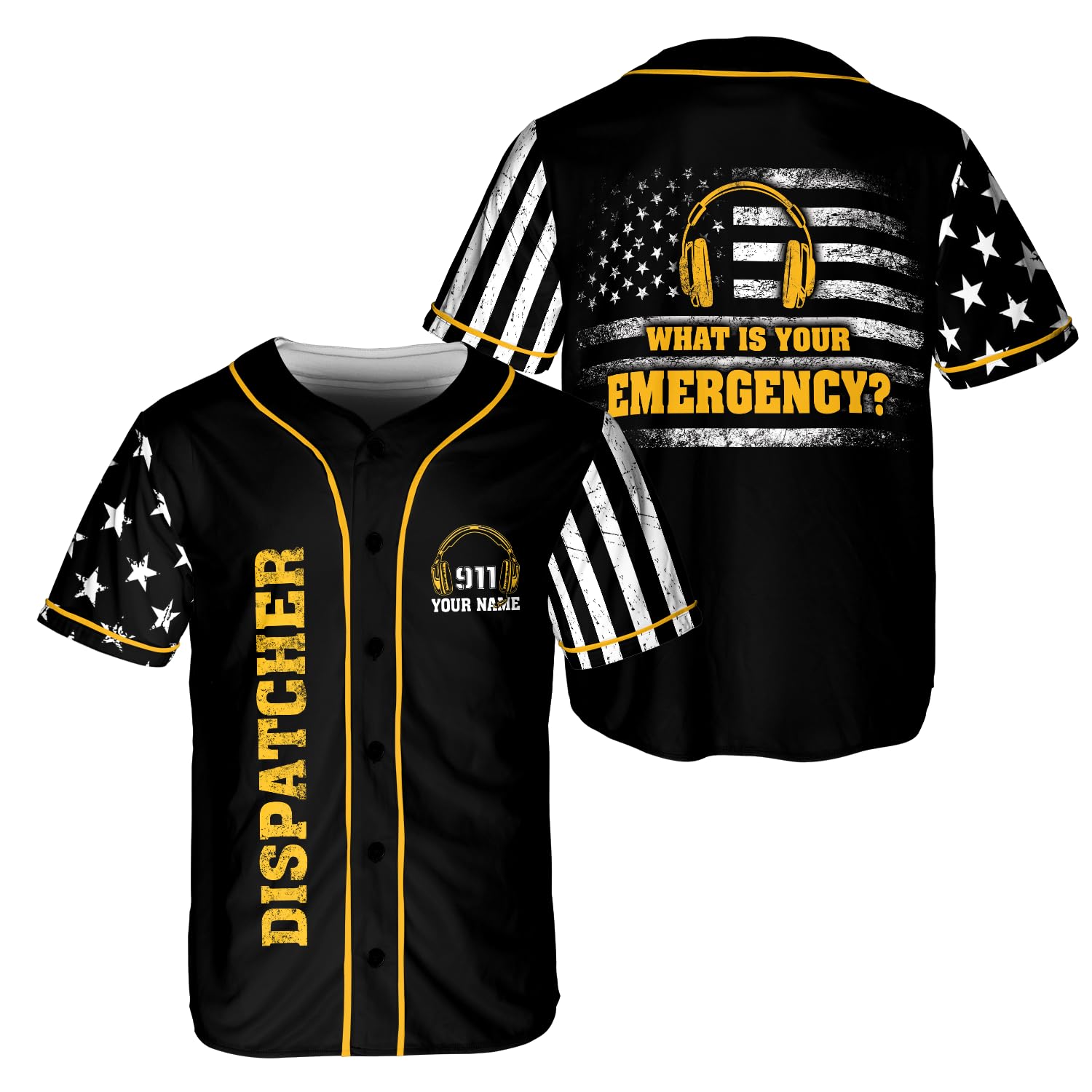 MAPrints Personalized Dispatcher Baseball Jersey, Emergency Thin Yellow Line for 911 Dispatcher Shirt, Dispatcher US Flag Jersey (US, Alpha, Small, 5X-Large, Regular, Regular, Dispatch 2)