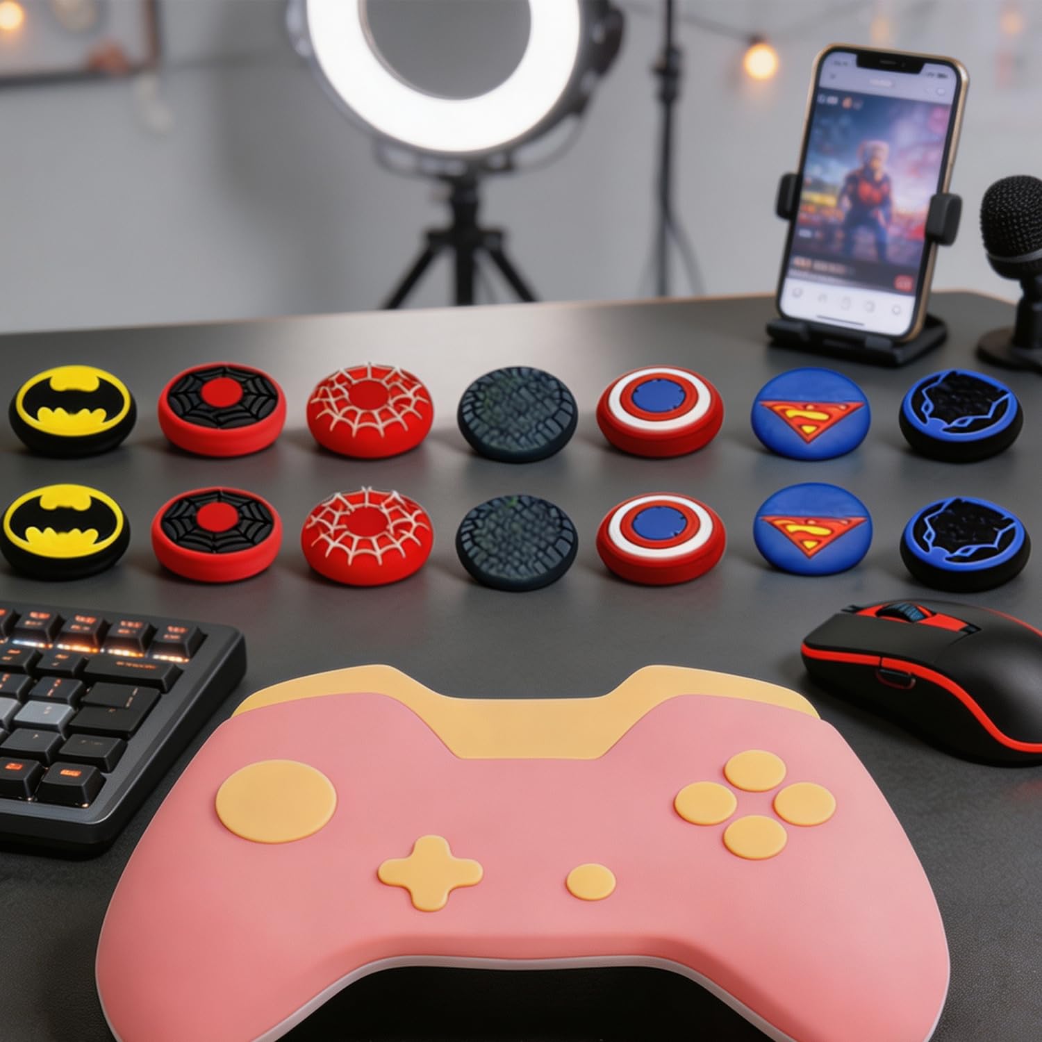 Jaeespon 14Pcs Silicone Anti-Slip Thumb Grips, Universal Superhero Analog Stick Caps for PS5, PS4, Xbox Series X/S, Switch Pro Controller, Sweat Resistant Joystick Covers for Gaming Protection