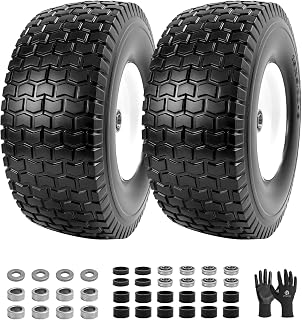 15x6.00-6 Flat Free Tire and Wheel Assembly, 2-Pack Solid Polyurethane Front Tires, 3" Centered Hub, 3/4" Bearings with 5/8" Bushings, 550 lb Capacity for Riding Mowers & Garden Tractors