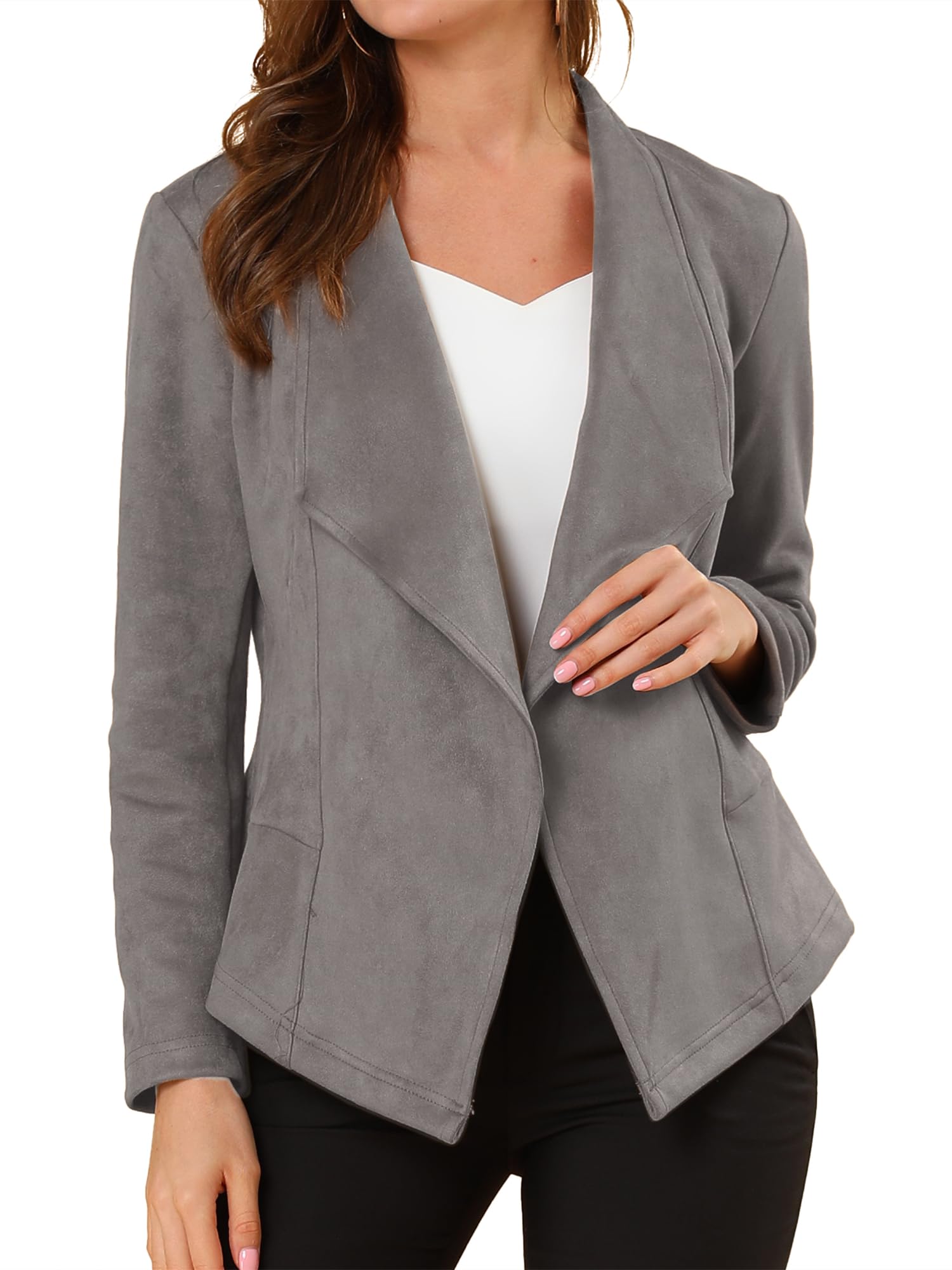 Allegra K Women Faux Suede Jacket Lapel Draped Open Front Cardigan Casual Trendy Suede Blazer