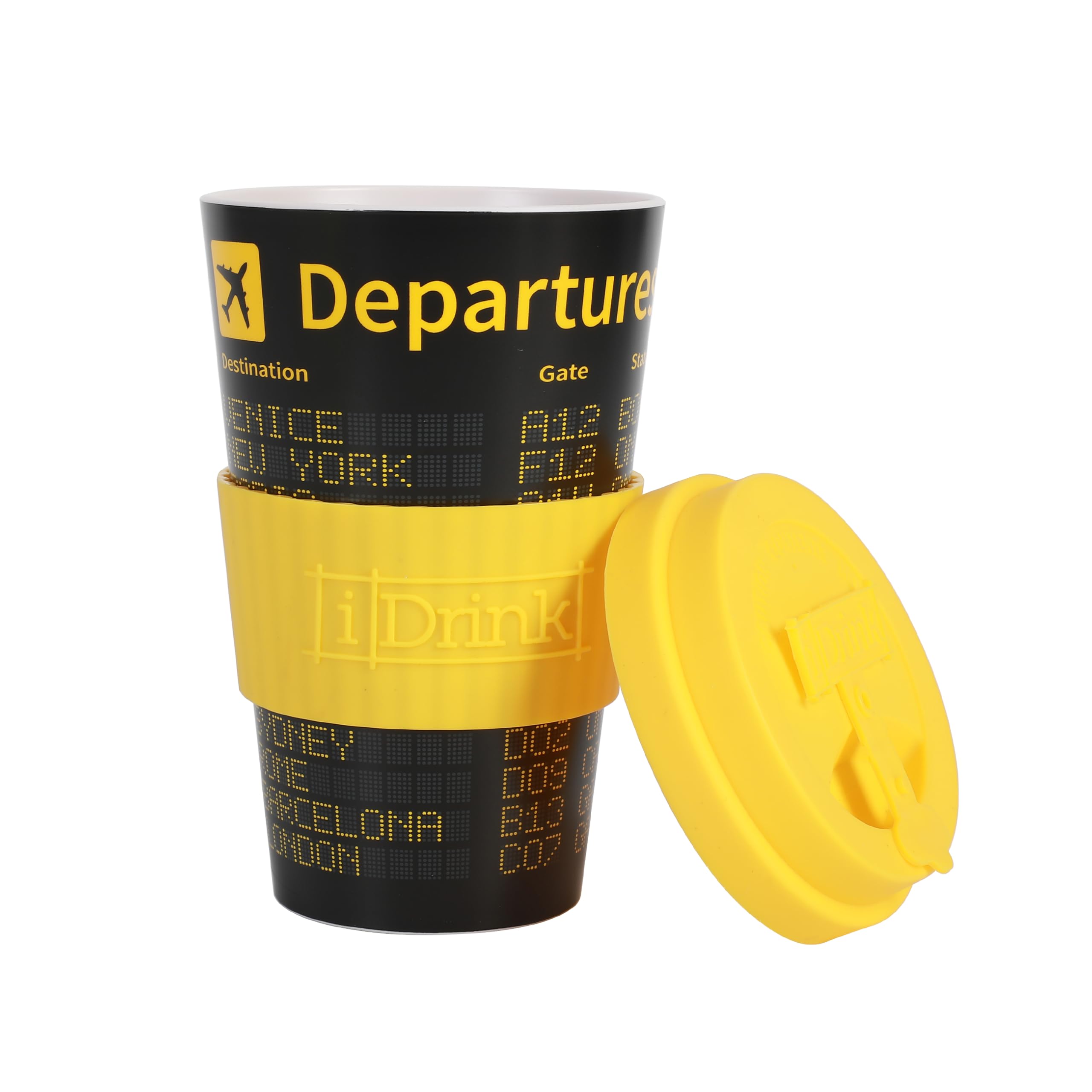 IDRINK®- Tazza in RPET per Caffé con Tappo in Silicone Apribile, Facile da Portare 435 ml, Mug Takeaway Plastica Riciclata 8.7 x 8.7 x 15 cm Ergonomica 435 ml (DEPARTURES)