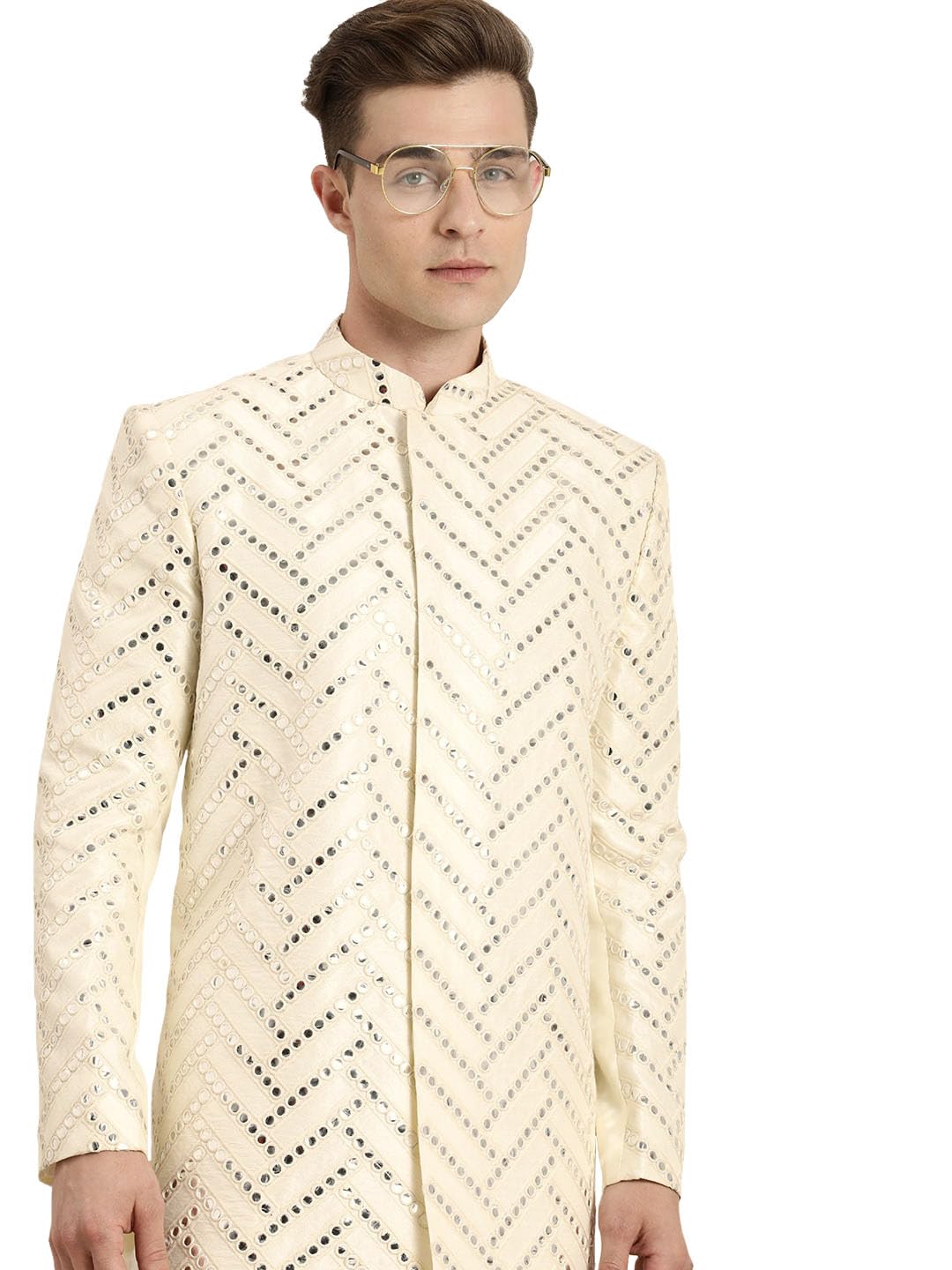 Men's Cream Silk Blend Sherwani Only Top | Trend setting Men's Indowestern Style Mirror Work Sherwani made of imported fancy fabric with invisible button placket.-image-27