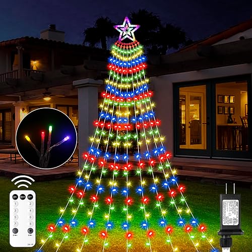 Luces de estrella para decoración de Navidad al aire libre, 11.48 pies, 350 luces LED de árbol de cascada con 8 modos de temporizador, control