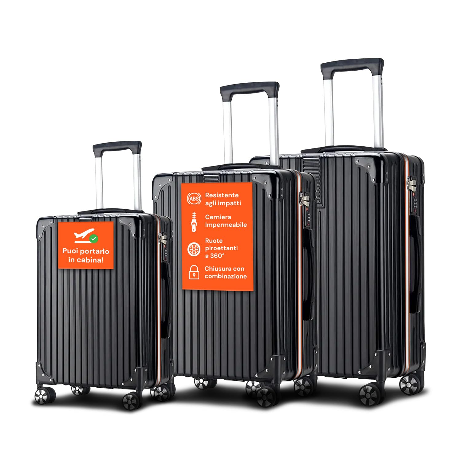 Avilia Set 3 Valigie in ABS e 4 Ruote Piroettanti - i Trolley Includono Sacca a Rete, Elastico Ferma Indumenti e Cerniera Singola - Valigie con 3 Diverse Altezze 55/66/76cm, Nero