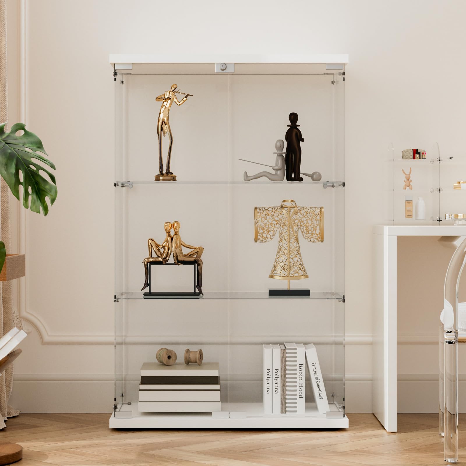 Beauty4U 3-Shelf Glass Display Cabinet, 49" Double Door Showcase Cabinet w/Wood Floor Freestanding for Storage Collectables Bookshelf Living Room Bedroom Office, Simple Quick Installation, White