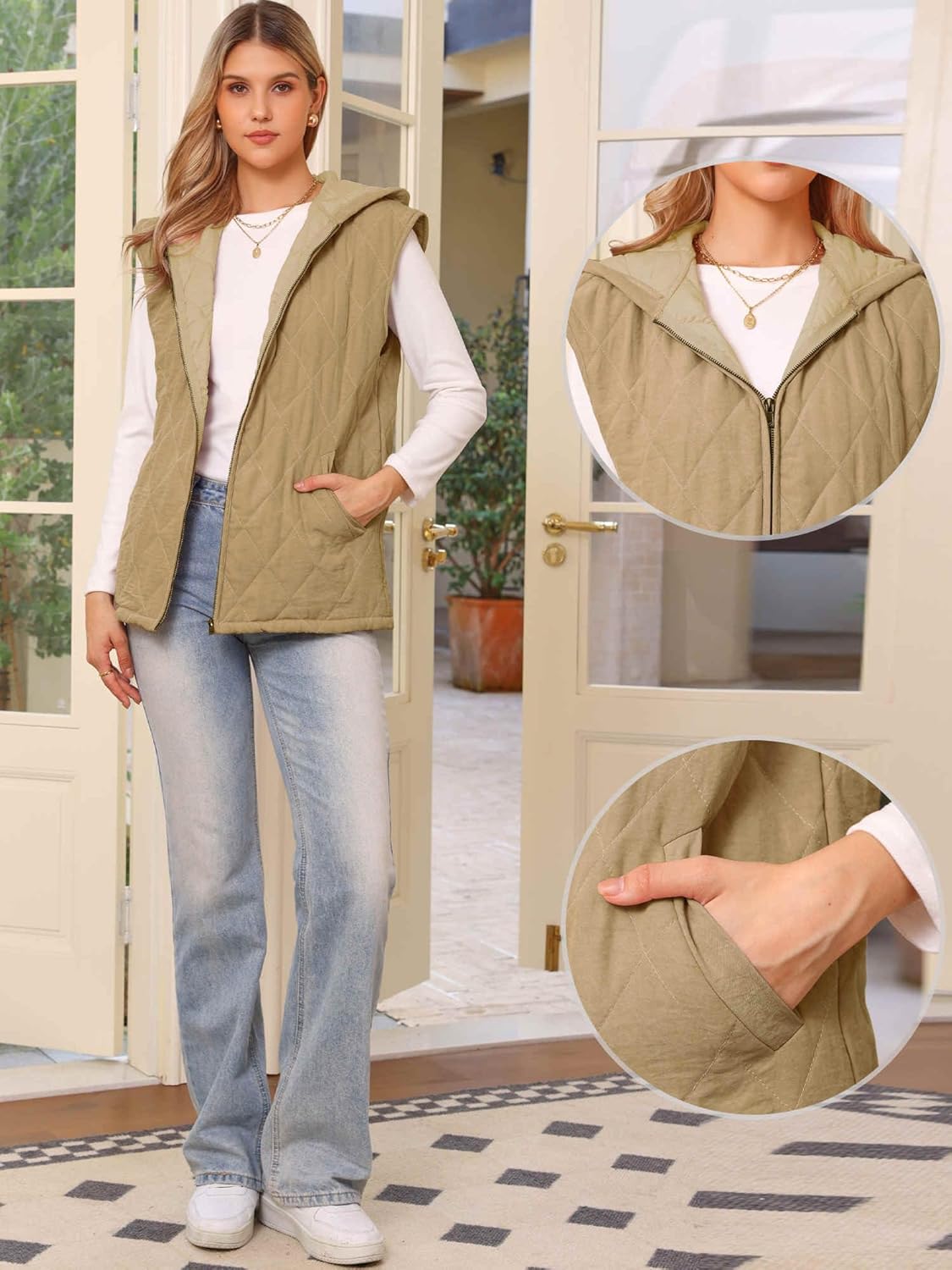 Allegra K Puffer Quilted Vest for Women's Hooded Lightweight Sleeveless Winter Gilet Zipper Padded Vest Jackets - Image 4