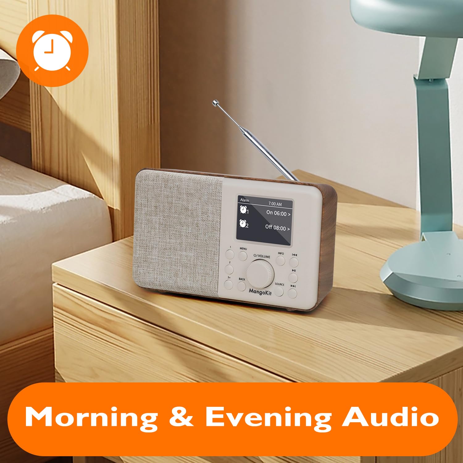 MD3 DAB/DAB+ Digitalradio mit 2.4'' Farbdisplay,UKW Radio,Dab Radio mit Bluetooth 5.3, Tragbarer Radiowecker mit 40 Speicherplätzen,Dual Wecker,Netz-oder Batteriebetrieb (Helles Walnussholz)