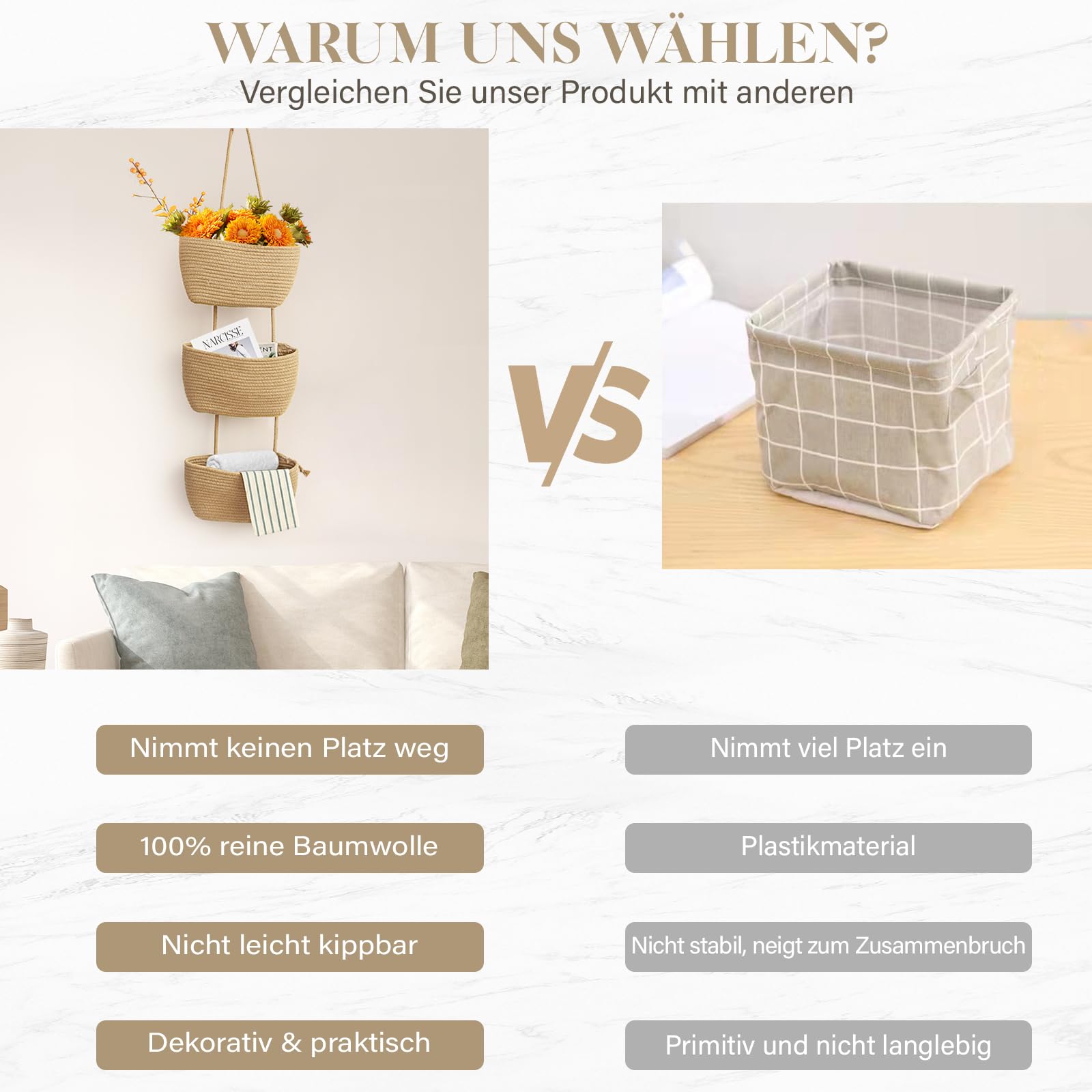 TeoKJ Hängekorb für die Tür, 3-stöckig Wandorganizer Hängend Veranstalter lagerung körbe aus Baumwollseil Gewebt mit Haken für Wand, Hängeregal Bad, Hängekorb für obst – Honigfarbe