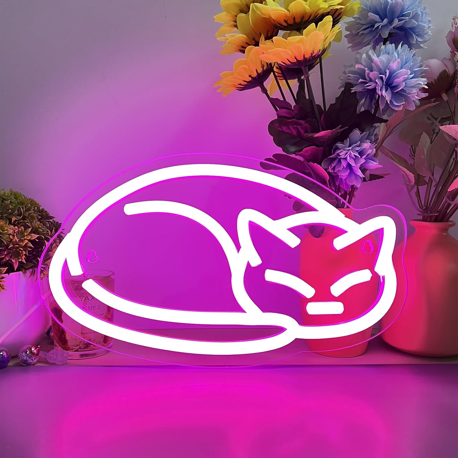 Pink Cat Neon Sign for Wall Decor - Sleeping Kitten LED Neon Light with Dimmable Switch, 11.4" x 6.7" USB Powered Night Light, Aesthetic Room Decor for Bedroom, Kids Room, Cat Lovers Gifts