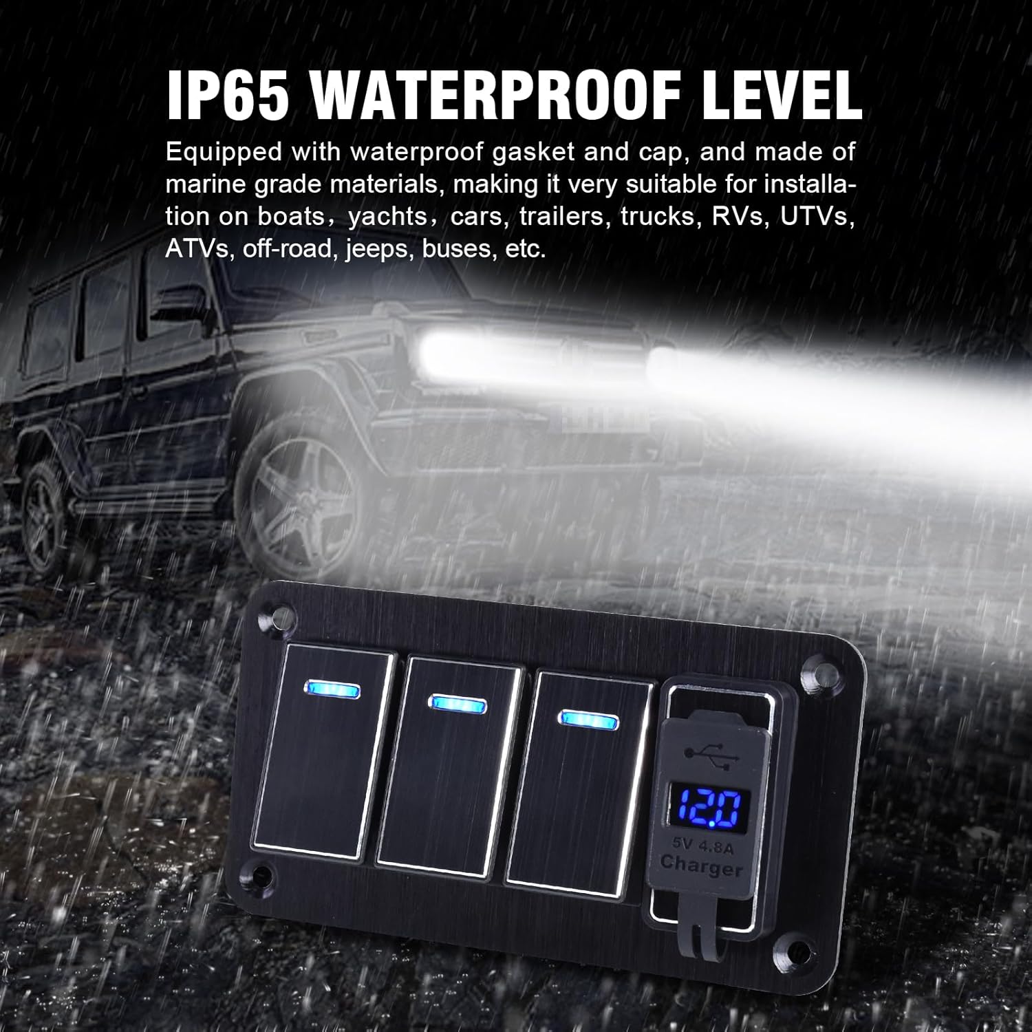 3 Gang Aluminum Rocker Switch Panel with 4.8 Amp Dual USB Charger Voltmeter Waterproof 12V 24V DC Rocker Switch with Night Glow Stickers for Cars Trucks Boats RVs