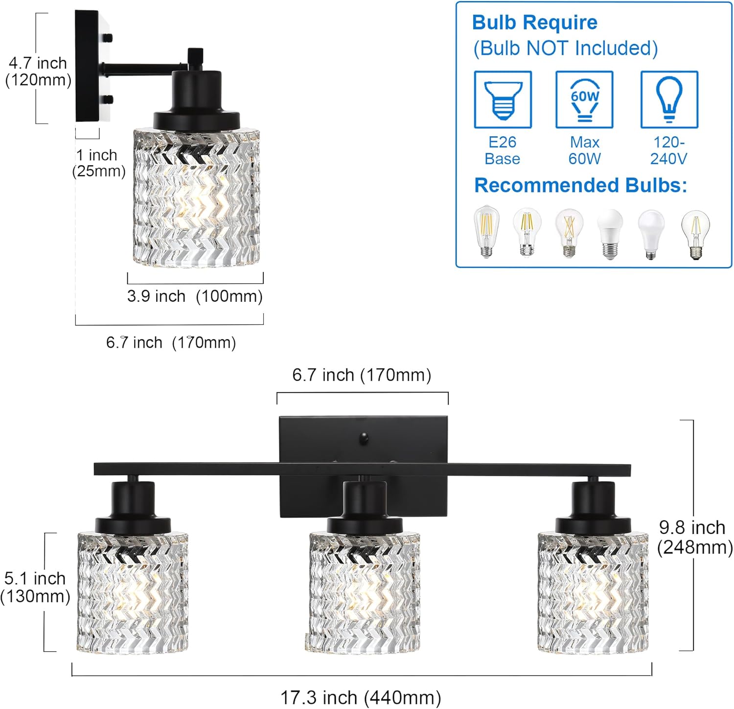 MELUCEE 3 Lights Modern Bathroom Light Fixtures Black Vanity Lights Indoor Wall Mounted Light with Hammered Glass Shade Suitable for Bathroom Living Room Hallway