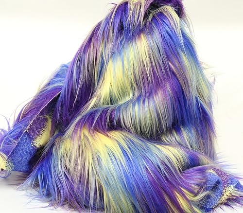 Miniatura 4 de Tela de piel sintética, pelo largo, 3 tonos, arcoíris, amarillo, azul, morado, 60 pulgadas de ancho, vendido por yarda